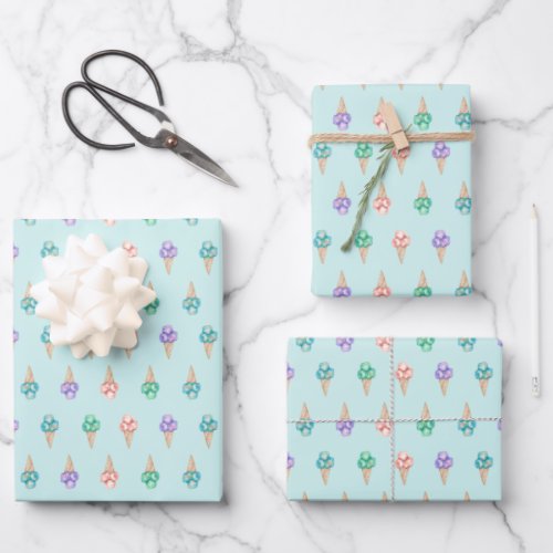 Watercolor Ice cream on teal Fun Summer Wrapping Paper Sheets