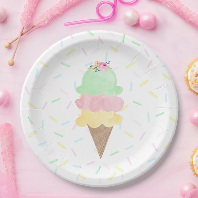 Watercolor Ice Cream Paper Plates (Watercolor Ice Cream Sprinkle Paper Plates for Bridal Shower, Birthday or Baby Shower Party)