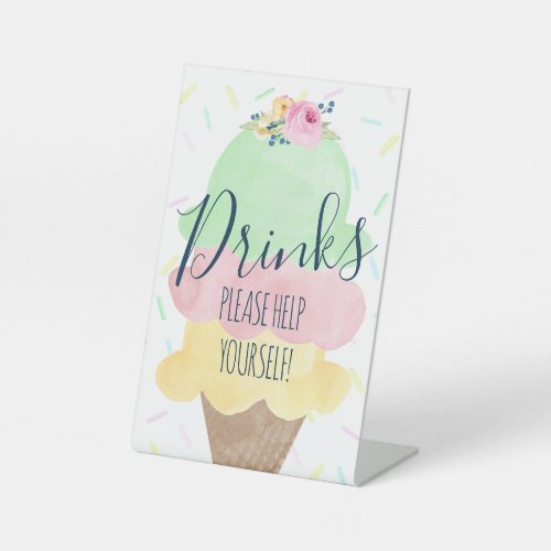 Watercolor Ice Cream Party Drinks Menu Pedestal Sign