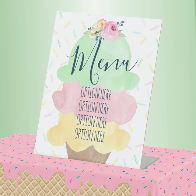 Watercolor Ice Cream Party Menu Pedestal Sign (Custom Menu Watercolor Ice Cream Bridal Shower or Baby Shower Pedestal Table Sign)