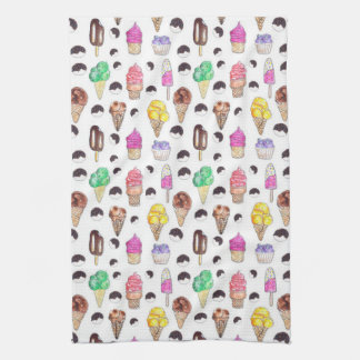 Watercolor Ice Cream Pattern Kitchen Towel