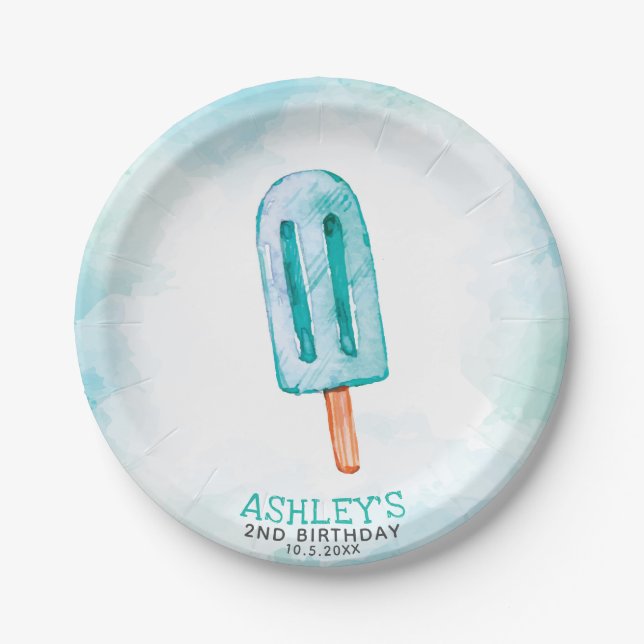 Watercolor Ice Cream Personalized Party Paper Plates (Front)