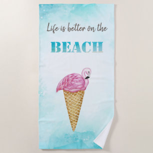 Watercolor Ice cream Pink Flamingos Beach Towel