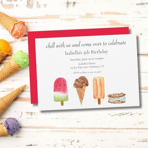 Watercolor Ice Cream  Popsicles Birthday Party Invitation