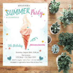 Watercolor Ice cream Stars Summer Birthday Invitation