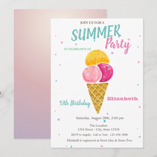 Watercolor Ice cream Stars Summer Birthday Party Invitation (Front/Back)