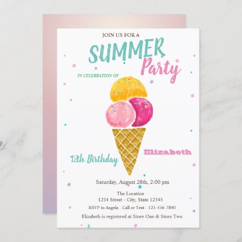 Watercolor Ice cream Stars Summer Birthday Party Invitation