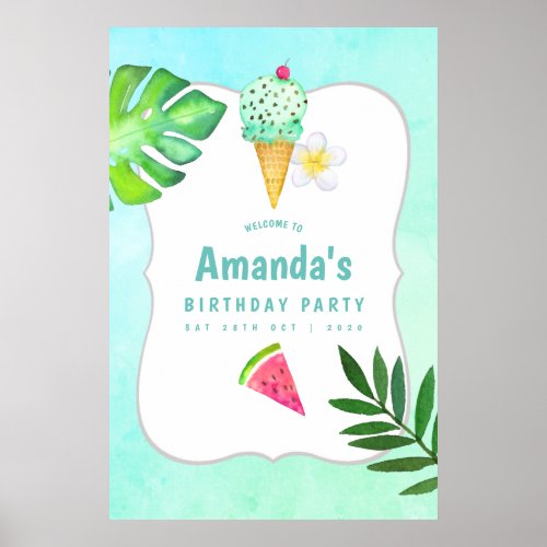 Watercolor Ice Cream Summer Birthday Party Welcome Poster