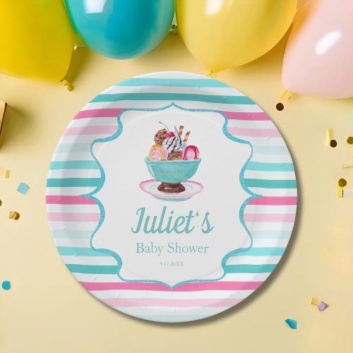 Watercolor Ice Cream Sundae Baby Shower Paper Plates