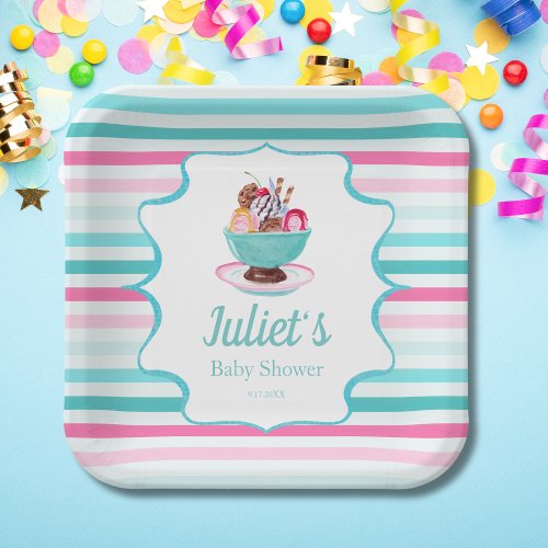 Watercolor Ice Cream Sundae Baby Shower Paper Plates