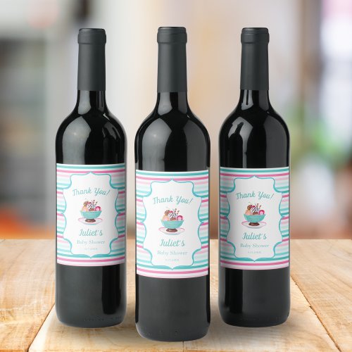 Watercolor Ice Cream Sundae Baby Shower Wine Label