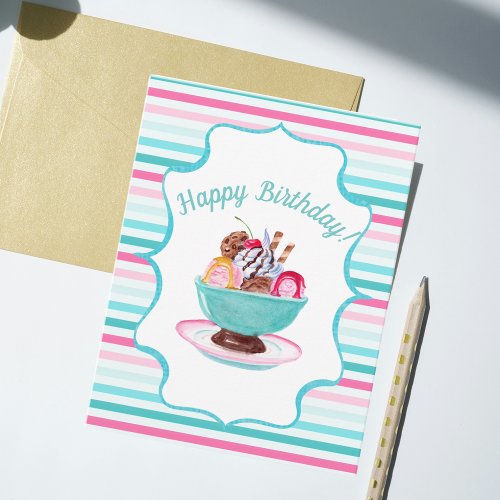 Watercolor Ice Cream Sundae Birthday Card