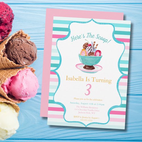 Watercolor Ice Cream Sundae Birthday Invitation