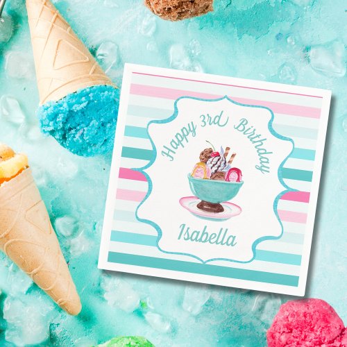 Watercolor Ice Cream Sundae Birthday  Napkins