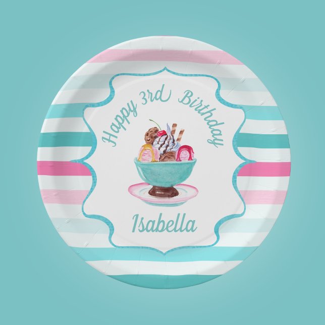 Watercolor Ice Cream Sundae Birthday  Paper Plates (Creator Uploaded)