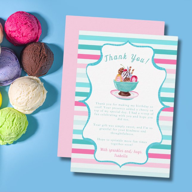 Watercolor Ice Cream Sundae Birthday Thank You Card (Creator Uploaded)