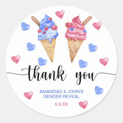 Watercolor Ice cream Thank you gender reveal Classic Round Sticker