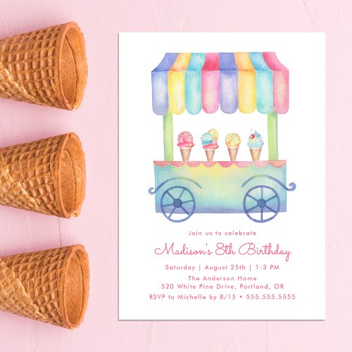 Watercolor Ice Cream Truck Birthday Party Invitation