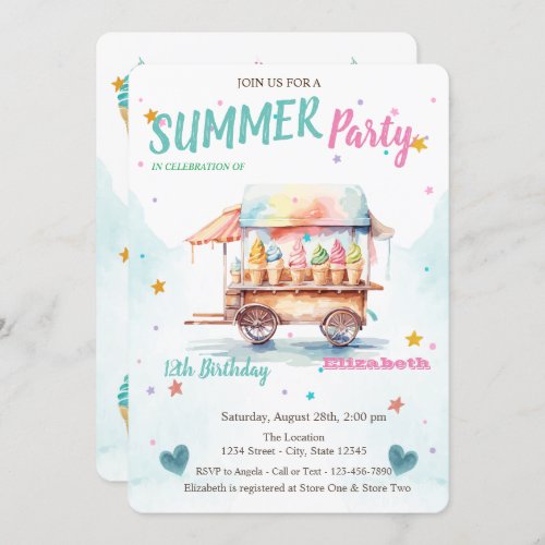 Watercolor Ice cream Truck Stars Birthday  Invitation