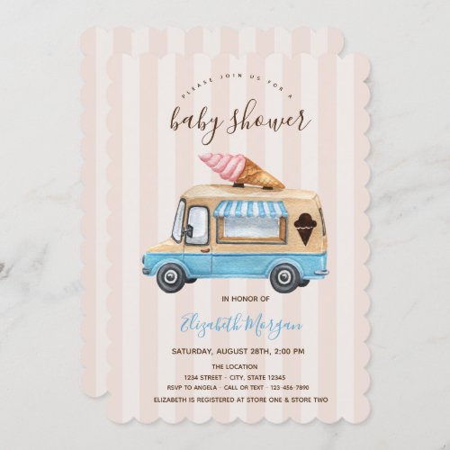 Watercolor Ice Cream Truck Striped Baby Shower  Invitation