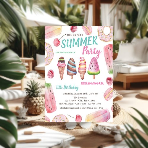 Watercolor Ice creamsDonuts Birthday Party Invitation