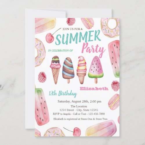 Watercolor Ice creamsDonuts Birthday Party Invitation
