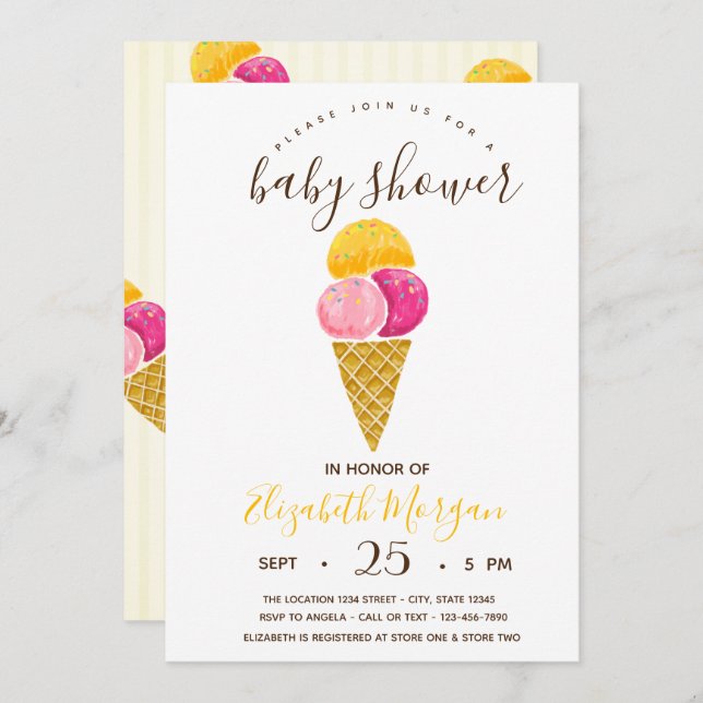 Watercolor Ice creams,Stripes Baby Shower  Invitation (Front/Back)
