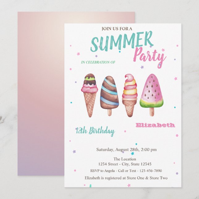 Watercolor Ice creams Summer Birthday Party Invitation (Front/Back)