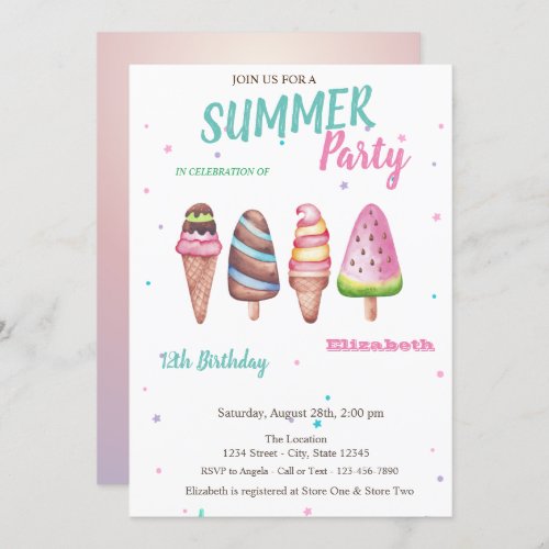 Watercolor Ice creams Summer Birthday Party Invitation