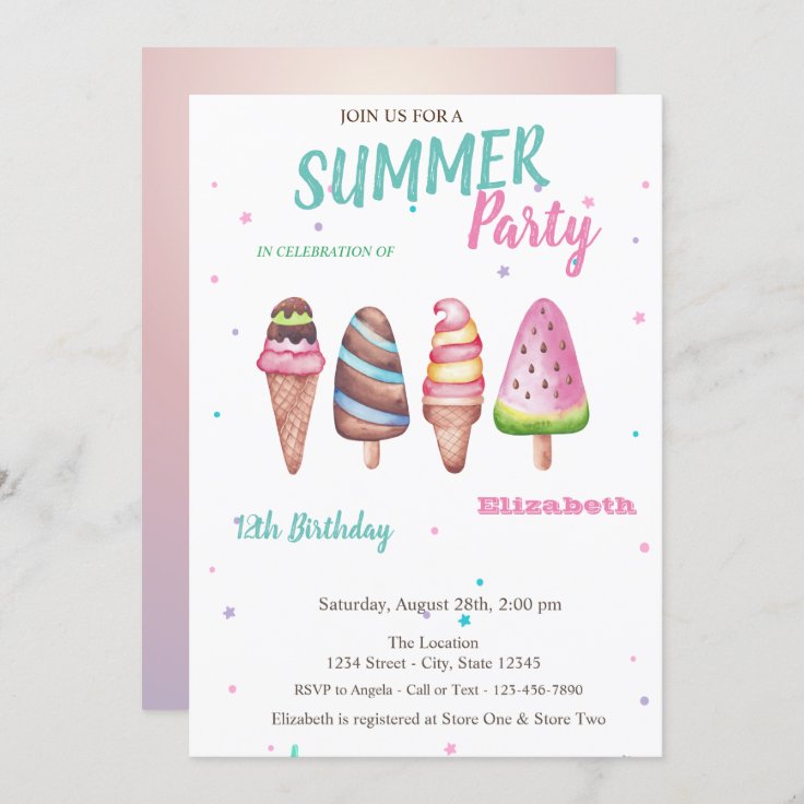 Watercolor Ice Creams Summer Birthday Party Invitation Zazzle