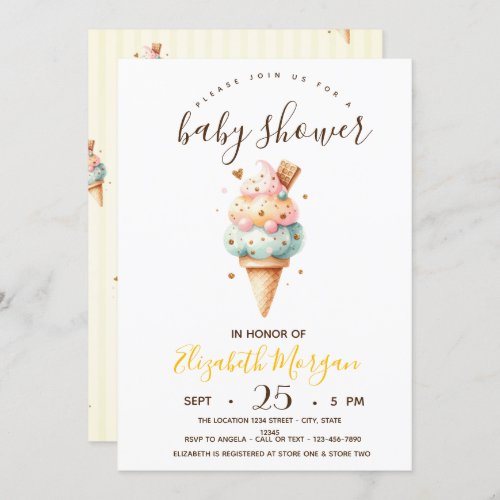Watercolor Ice creamsYellow Stripes Baby Shower  Invitation