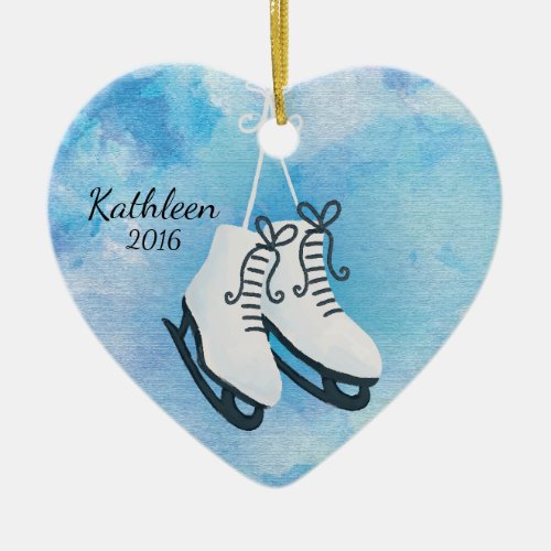 Watercolor Ice Skates Personalized Christmas Ceramic Ornament