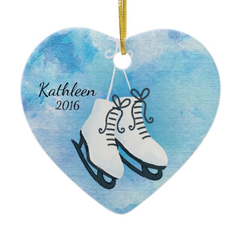 Watercolor Ice Skates Personalized Christmas Ceramic Ornament