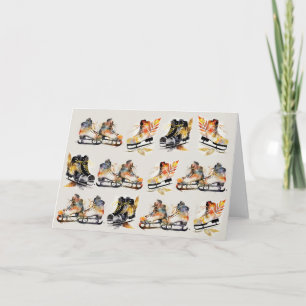Watercolor Ice Skates with Autumn Leaves Pattern Card