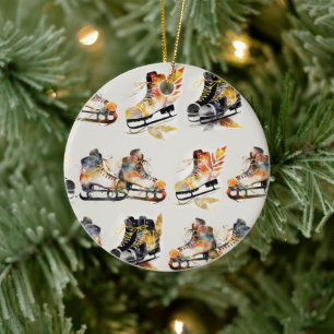 Watercolor Ice Skates with Autumn Leaves Pattern Ceramic Ornament