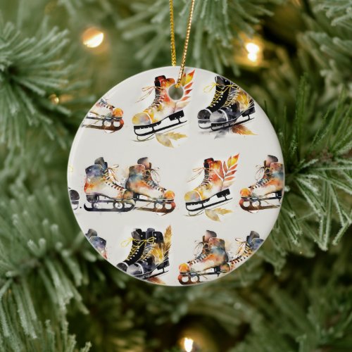 Watercolor Ice Skates with Autumn Leaves Pattern   Ceramic Ornament