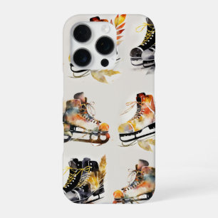 Watercolor Ice Skates with Autumn Leaves Pattern iPhone 16 Pro Case