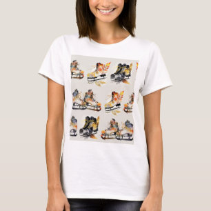 Watercolor Ice Skates with Autumn Leaves Pattern T-Shirt
