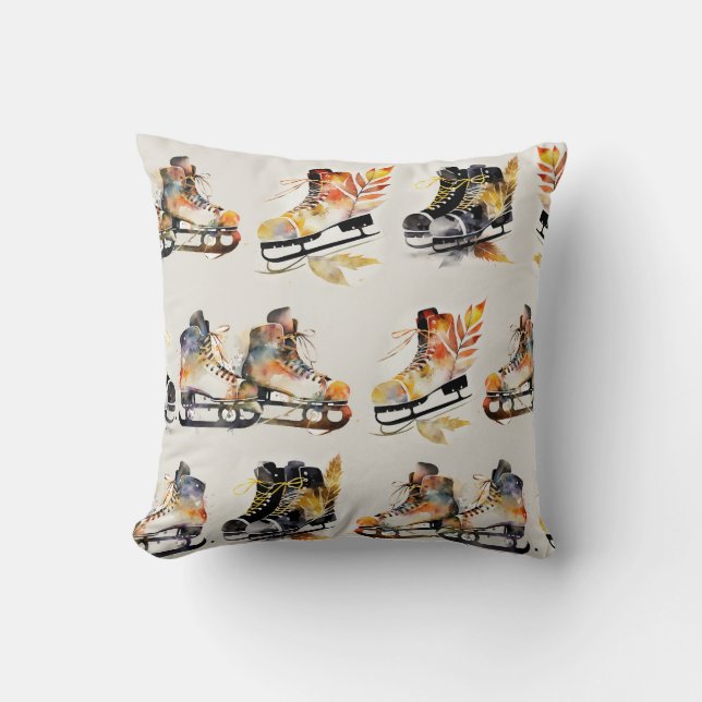 Watercolor Ice Skates with Autumn Leaves Pattern   Throw Pillow (Front)