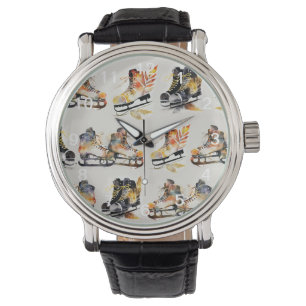 Watercolor Ice Skates with Autumn Leaves Pattern Watch