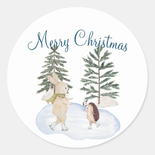 Watercolor Ice Skating Forest Animals Classic Round Sticker