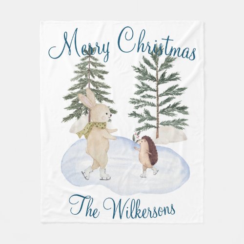 Watercolor Ice Skating Forest Animals Fleece Blanket