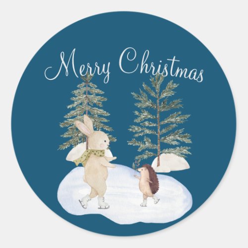 Watercolor Ice Skating Forest Animals on Blue Classic Round Sticker