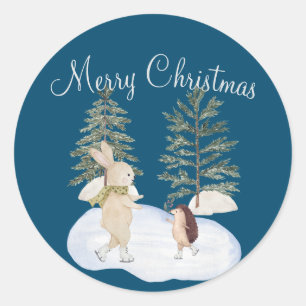 Watercolor Ice Skating Forest Animals on Blue Classic Round Sticker