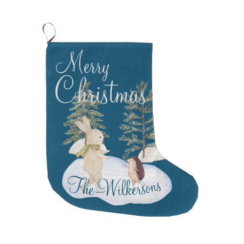 Watercolor Ice Skating Forest Animals on Blue Large Christmas Stocking