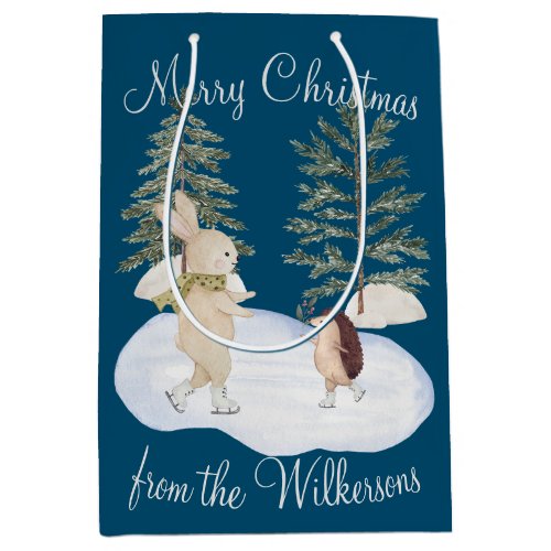 Watercolor Ice Skating Forest Animals on Blue Medium Gift Bag