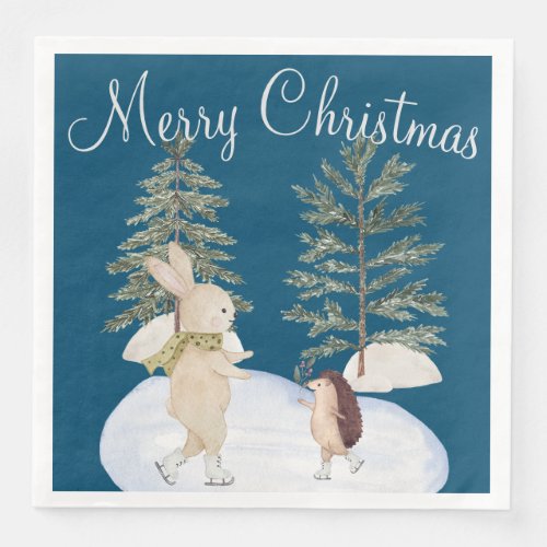 Watercolor Ice Skating Forest Animals on Blue Paper Dinner Napkins