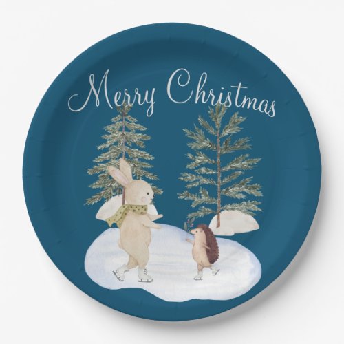 Watercolor Ice Skating Forest Animals on Blue Paper Plates