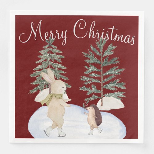 Watercolor Ice Skating Forest Animals on Burgundy Paper Dinner Napkins