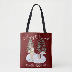 Watercolor Ice Skating Forest Animals on Burgundy Tote Bag